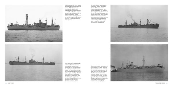 Liberty Ships by Schiffer Publishing, Ltd. features a book spread with four black-and-white photos of WWII naval ships at sea, including a Liberty ship, each shown from different angles with descriptive text on their service and role in the wartime supply chain.