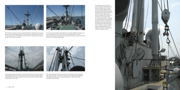 A two-page spread from Schiffer Publishing, Ltd.'s "Liberty Ships" displays photos of WWII ship rigging, masts, and winches with captions and descriptive text highlighting key mechanical details vital to the wartime supply chain.