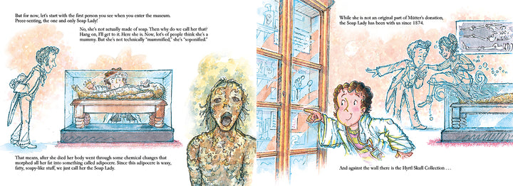 Two illustrated pages from "The Mütter Museum" by Schiffer Publishing, Ltd. depict science lovers admiring the Soap Lady mummy and exhibits in a vibrant museum scene as a guide gestures toward displays and hanging skulls.