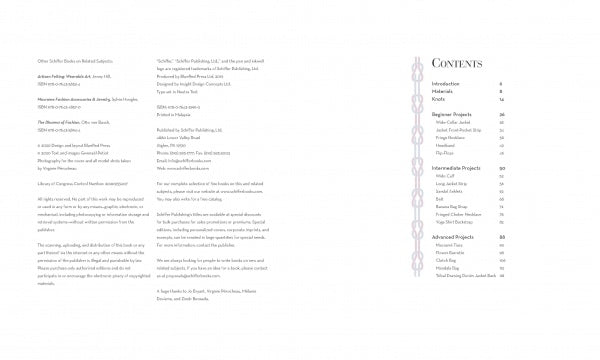 The left page of Macramé Couture by Schiffer Publishing, Ltd. features publication and copyright info; the right page is a table of contents with sections such as Introduction, Materials, artisan fashion projects, macramé garment details, and accessories.