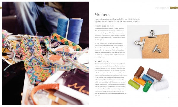 A vibrant array of crafting materials from Macramé Couture by Schiffer Publishing, Ltd.—including ribbons, fabric, thread spools, and metal clips—arranged beside an open instruction book for creating unique accessories.