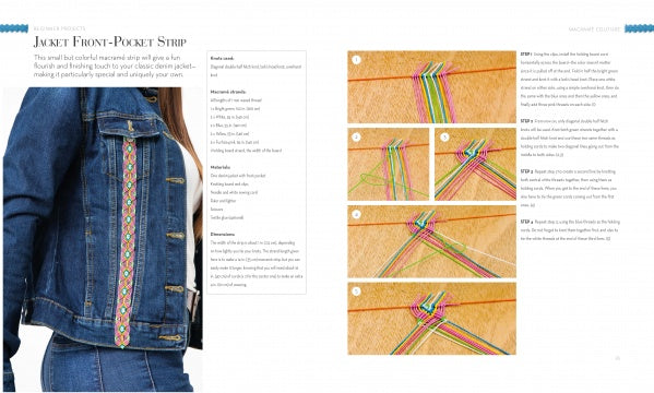 On the left, a denim jacket with a colorful woven strip on the pocket showcases artisan style. On the right, "Macramé Couture" by Schiffer Publishing, Ltd. offers step-by-step photos and instructions for vibrant macramé garment embellishments.