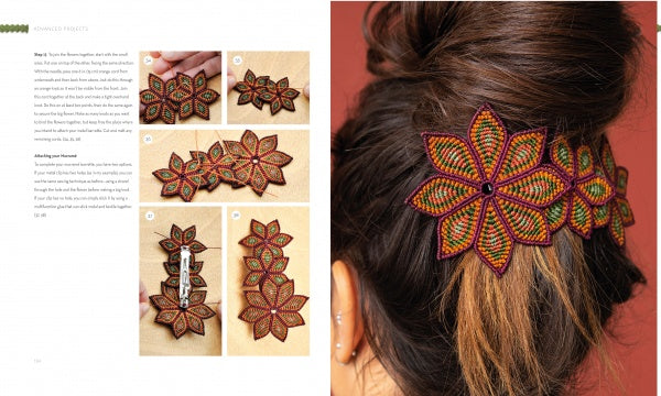 Step-by-step images from Macramé Couture by Schiffer Publishing, Ltd. show how to craft a vibrant flower-shaped barrette, ideal for macramé accessories. On the right, it adorns a woman's updo against a red background.