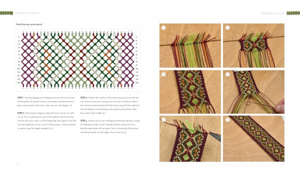A two-page spread from Macramé Couture by Schiffer Publishing, Ltd. shows a colored pattern chart and instructions on the left, with six step-by-step photos on the right to guide you in weaving fashionable macramé friendship bracelets.