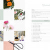 On the right, a table of contents with project names and page numbers; on the left, a collage featuring flowers, herbs, smudge sticks, tools, and hands at work from Schiffer Publishing's "Creating Smudge Sticks," all set against a light background.
