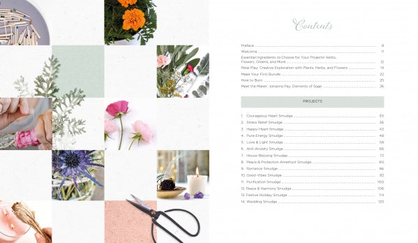 On the right, a table of contents with project names and page numbers; on the left, a collage featuring flowers, herbs, smudge sticks, tools, and hands at work from Schiffer Publishing's "Creating Smudge Sticks," all set against a light background.