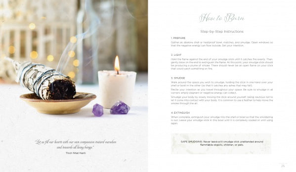 A copy of "Creating Smudge Sticks" by Schiffer Publishing, Ltd. is open—on the left, a burning smudge stick with smoke, a white candle, and amethyst crystals; on the right are step-by-step instructions for burning.