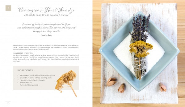 An opened book, "Creating Smudge Sticks" by Schiffer Publishing, Ltd., shows a recipe with a photo of a white bowl of salt and smudge sticks made of sage, lavender, and yarrow—perfect for purification and clearing negative energy.