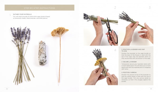 Creating Smudge Sticks" by Schiffer Publishing, Ltd. is an instructional guide that teaches how to craft a smudge stick with dried lavender, yellow flowers, and sage—gather, trim, arrange, and tie with twine for purification or clearing negative energy.