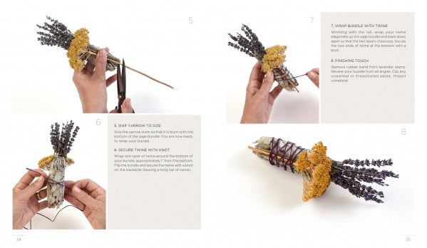 The "Creating Smudge Sticks" guide by Schiffer Publishing, Ltd. shows hands making a smudge stick with dried lavender, yellow flowers, and white sage tied with string for purification, plus written instructions on a white background.