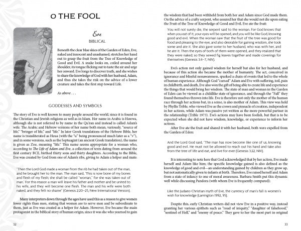 A black-and-white spread from Pistis Sophia by Schiffer Publishing, Ltd. explores the story of Eve with columns on mythology, goddesses, and interpretation, resembling a Tarot guidebook. The illustration depicts a woman holding a fruit.