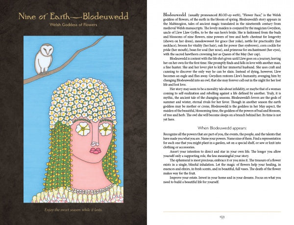 A stylized illustration from Dark Goddess Tarot by Schiffer Publishing, Ltd. shows Blodeuwedd, Welsh flower goddess, with pale skin, pink lips, a crown of white flowers; an owl perches in a tree left. Text about her appears on the right page.