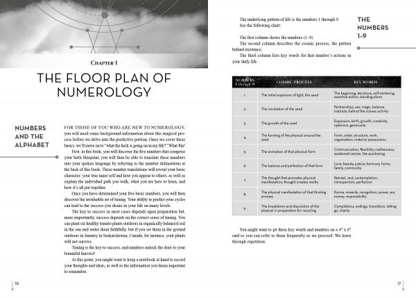 A two-page spread from "Numerology and Your Future, 2nd Edition" by Schiffer Publishing, Ltd.: the left page introduces The Floor Plan of Numerology; the right page presents a chart linking numbers 1–9 to cosmic forces and keywords.