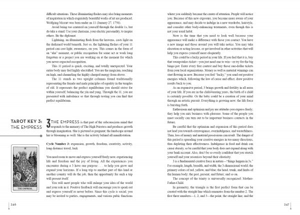 Two pages from "Numerology and Your Future, 2nd Edition" by Schiffer Publishing, Ltd. discuss Tarot Key 3: The Empress, including a small card illustration, text analysis, and insights into numerology and the predictive power of numbers.