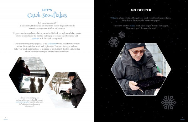 A man holding a snowflake highlights the unique ice crystal patterns—ideal for inspiring kids' interest in meteorology with Snowflake Science by Schiffer Publishing, Ltd.