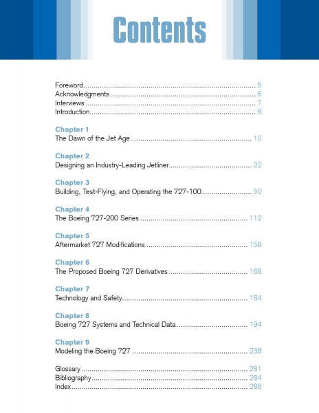 Table of contents page with blue header labeled Contents, listing sections and chapters on Boeing 727 history, design, modifications, model-building tips, and technical data by Schiffer Publishing, Ltd.