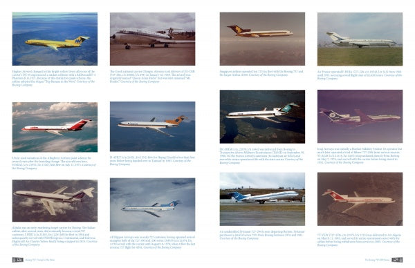 A collection of twelve vintage commercial airplanes, featuring the Boeing 727, each depicted with unique airline liveries and backgrounds. Published by Schiffer Publishing, Ltd.—ideal for model-building inspiration.