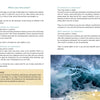 Astrotherapy by Schiffer Publishing, Ltd. features text on inner poison and mastering fire, earth, air, and water elements, with personal growth tips in a yellow box. The right page shows ocean waves reflecting natural astrology themes.
