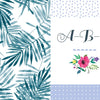 Split image: left side features blue watercolor palm leaves; right side displays blue and white polka dots, “A-B-C” in elegant script, and a floral illustration—perfect for Schiffer Publishing’s 100% Happiness guided journal.