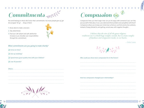 100% Happiness by Schiffer Publishing, Ltd. is a pastel-guided journal worksheet with Commitments and Compassion sections, prompts, and a floral border. Writing spaces support personal growth amid decorative flowers and leaves.