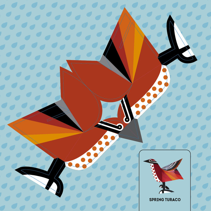Stylized bird with angular red, orange, and black wings, black tail and legs, and white-spotted belly—like a paper-crafted bird—flies over a blue raindrop background. Inset: SPRING TURACO. From "Birds" by Schiffer Publishing, Ltd.