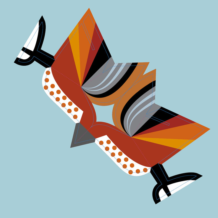 Birds" by Schiffer Publishing, Ltd. features abstract geometric artwork of two mirrored, origami-inspired bird shapes with orange, brown, black, and white patterns on a light blue background, evoking playful paper artistry.
