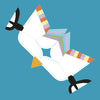 A geometric paper bird from Schiffer Publishing, Ltd.’s "Birds" features white wings with rainbow stripes, black feet, and a yellow beak, soaring against a solid blue background in this origami-inspired children’s design.