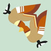 A geometric depiction of a bird with stylized, angular features and black, white, and orange accents on a pale green background. Product: Birds by Schiffer Publishing, Ltd.