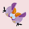 Two colorful, stylized paper Birds by Schiffer Publishing, Ltd. with purple bodies, orange wings, and yellow spots face each other beak-to-beak on a light pink background—perfect origami inspiration for children.