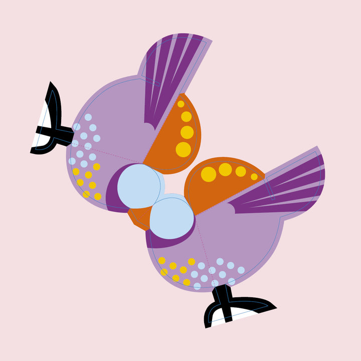 Two colorful, stylized paper Birds by Schiffer Publishing, Ltd. with purple bodies, orange wings, and yellow spots face each other beak-to-beak on a light pink background—perfect origami inspiration for children.