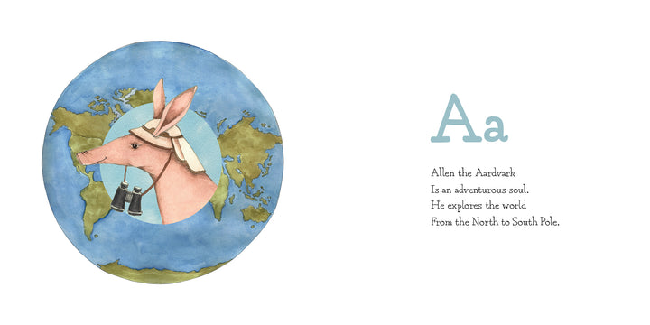 Illustration of an aardvark in a hat and binoculars inside a globe, with “Aa.” Allen the Aardvark explores the world in Schiffer Publishing, Ltd.’s Wild Animal ABC.