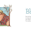 A bear in a hat and red plaid scarf stands by a green tent and the letter B, with a rhyme about Bert the Bear, who is strong and brave, from Wild Animal ABC by Schiffer Publishing, Ltd.