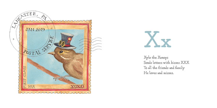 Wild Animal ABC by Schiffer Publishing, Ltd. features a postage stamp with a brown bird in a top hat on a branch, labeled JAN 2019, FIRST CLASS, USA POSTAL SERVICE, XOXO—beside the letter Xx and a rhyme about Xylo the Xenops.