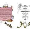 A two-page spread from "Awesome Chesapeake" (Schiffer Publishing, Ltd.): left, a decorative intro box with heron, gull, crab, and fish; right, an illustrated elementary-level table of contents bordered by jellyfish and fish.