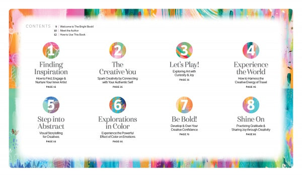 The Bright Book by Schiffer Publishing, Ltd. features a vibrant table of contents with eight colorful sections: Finding Inspiration, The Creative You, Let's Play!, Experience the World, Step into Abstract, Explorations in Color, Be Bold!, and Shine On.
