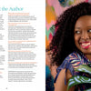 A woman with long curly hair, wearing a colorful shirt, smiles and holds a green leaf before an abstract backdrop. Text on the left reads “Meet the Author,” introducing Jessi Raulet, creator of The Bright Book by Schiffer Publishing, Ltd.