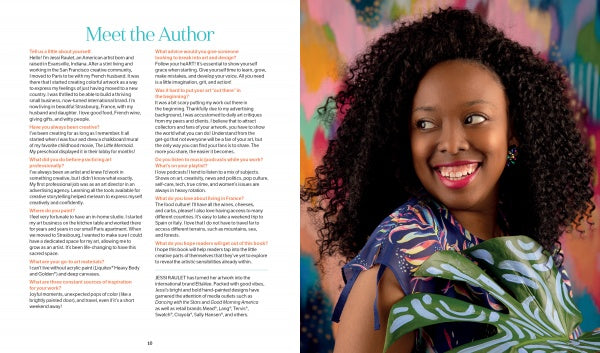 A woman with long curly hair, wearing a colorful shirt, smiles and holds a green leaf before an abstract backdrop. Text on the left reads “Meet the Author,” introducing Jessi Raulet, creator of The Bright Book by Schiffer Publishing, Ltd.