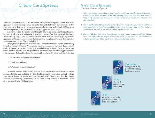 A page from the Eternal Seeker Oracle by Schiffer Publishing, Ltd. shows instructions for card spreads with pastel backgrounds, featuring single-card and three-card (“Then,” “Now,” “Tomorrow”) diagrams and Rider-Waite-inspired artwork.