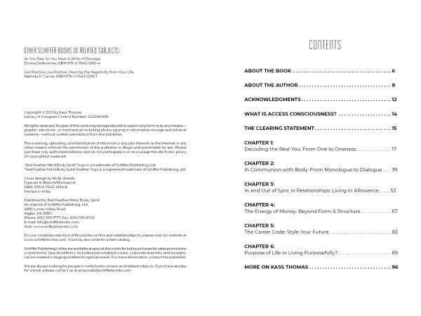 A copyright page and table of contents from "Dancing with Riches" by Schiffer Publishing, Ltd. are displayed side by side. Contents include About the Book, Acknowledgments, What is Access Consciousness, and seven life-enhancing chapters.