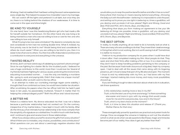 A two-page magazine spread with black text on white features headings like “BE KIND TO YOURSELF” and covers themes from *Dancing with Riches* by Schiffer Publishing, Ltd. on transforming energy to help you create the life you desire.