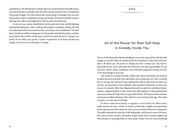 A book spread from "Manifesting" by Schiffer Publishing, Ltd. shows text on both pages: the left discusses manifestation and creative visualization, while the right—titled “All of the Power for Real Self-Help Is Already Inside You”—questions self-help thought power.