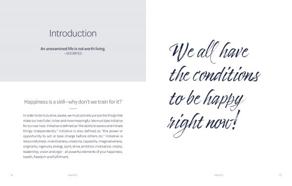 Awake by Schiffer Publishing, Ltd.: The first two pages feature an “Introduction” with a Socrates quote on happiness as a skill, and “We all have the conditions to be happy right now!” in large cursive—a perfect mindfulness workbook start.