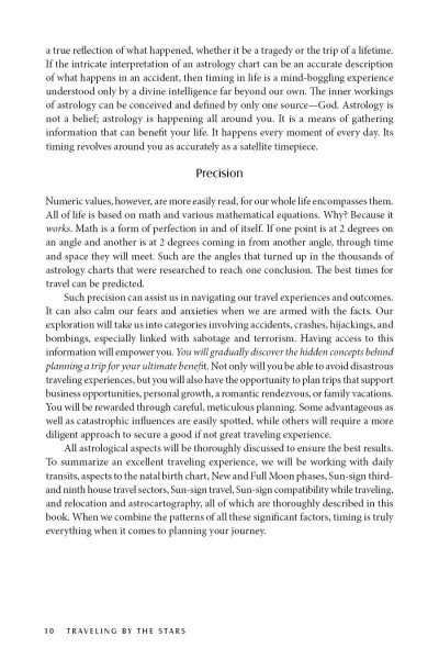 A page from TRAVELING BY THE STARS by Schiffer Publishing, Ltd. highlights astrology's precision and shows how this travel guide helps pinpoint the best travel dates to avoid mishaps. The content appears in two formatted sections.