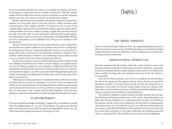 An open book, TRAVELING BY THE STARS from Schiffer Publishing, Ltd., reveals Chapter 3: The Travel Strategy—an astrology guide that uses moon phases to help beginners pick the best travel dates and avoid mishaps with New Moon and Full Moon cycles.