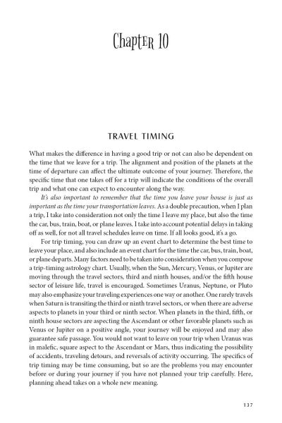 Page 137 of TRAVELING BY THE STARS (Schiffer Publishing, Ltd.) covers “Chapter 10: Travel Timing,” discussing how trip timing impacts experiences and revealing the best astrology-based travel days, with paragraphs and italicized sentences.
