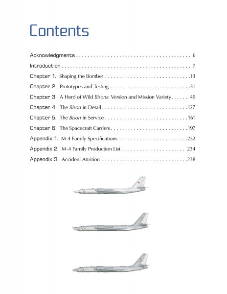 A table of contents features section titles and page numbers on the left, with vertical side-view illustrations of the Myasishchev M-4 and 3M bombers on the right—highlighting jet bomber history in this Schiffer Publishing, Ltd. release.