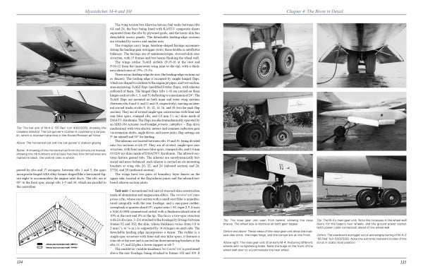 Two pages from Schiffer Publishing, Ltd.'s "Myasishchev M-4 and 3M" showcase text and nine black-and-white photos detailing the bomber’s landing gear, undercarriage, tail section, and a wing structure diagram—highlighting this Soviet aircraft’s features.
