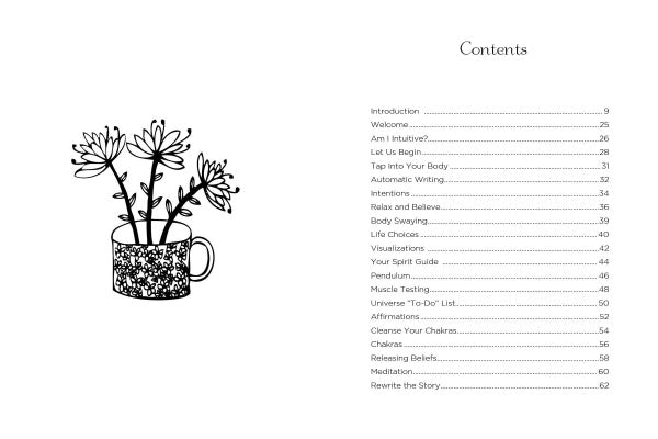 The Intuitive Adventure by Schiffer Publishing, Ltd. features a black and white floral mug illustration beside a table of contents highlighting intuition, manifesting, and intuitive tools for self-healing.