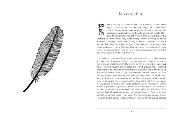 A black-and-white feather illustration sits left, while the right displays “Introduction” with an enlarged first letter—ushering you into The Intuitive Adventure by Schiffer Publishing, Ltd. in a clean, minimal layout.