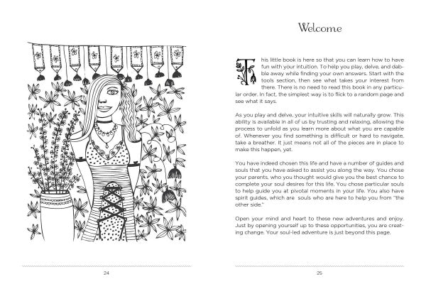 Black-and-white illustration of a smiling woman among potted plants with a decorative curtain. The facing page welcomes readers to The Intuitive Adventure by Schiffer Publishing, Ltd. and encourages intuitive exploration using your inner guide.